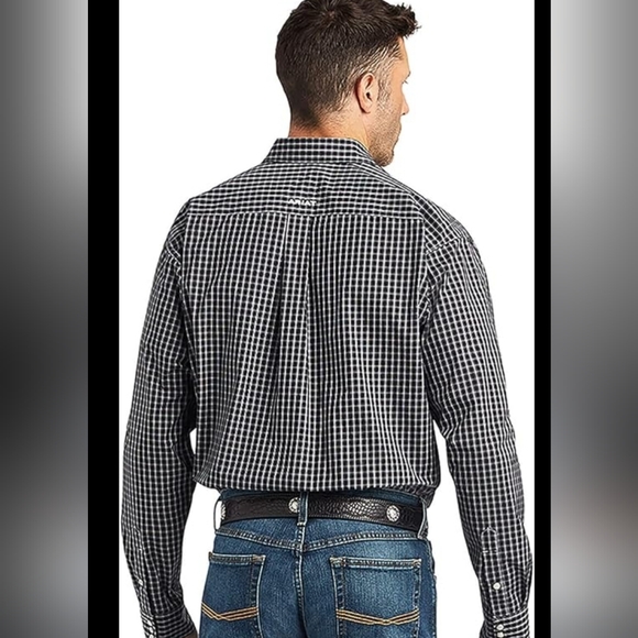 🌿Ariat Pro Stretch Series Mens Large Black & White Plaid Longsleeve Shirt - Picture 3 of 11